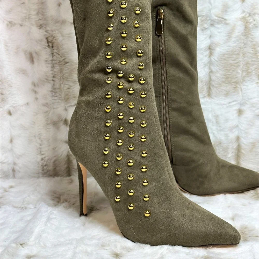 *So Me Olive Army Green Gold Stud Thigh High Heel Boots